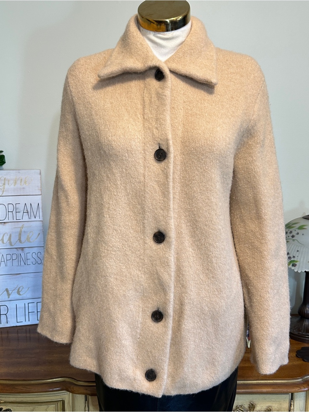 VINCE Tan Wool Alpaca Mix Tan Button Front Mid Length Cardigan